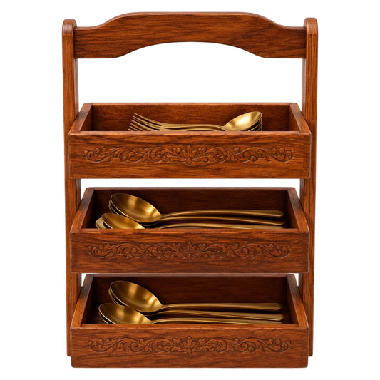 Paits Rustic Wooden Cutlery Organizer with Decorative Carvings